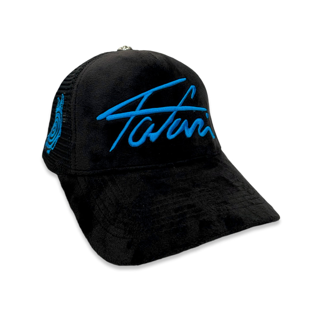 BLUE TAJI VELVET TRUCKER HAT