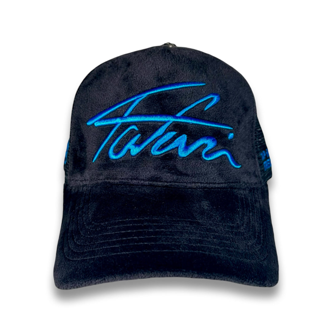 BLUE TAJI VELVET TRUCKER HAT