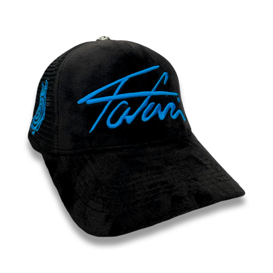 BLUE TAJI VELVET TRUCKER HAT