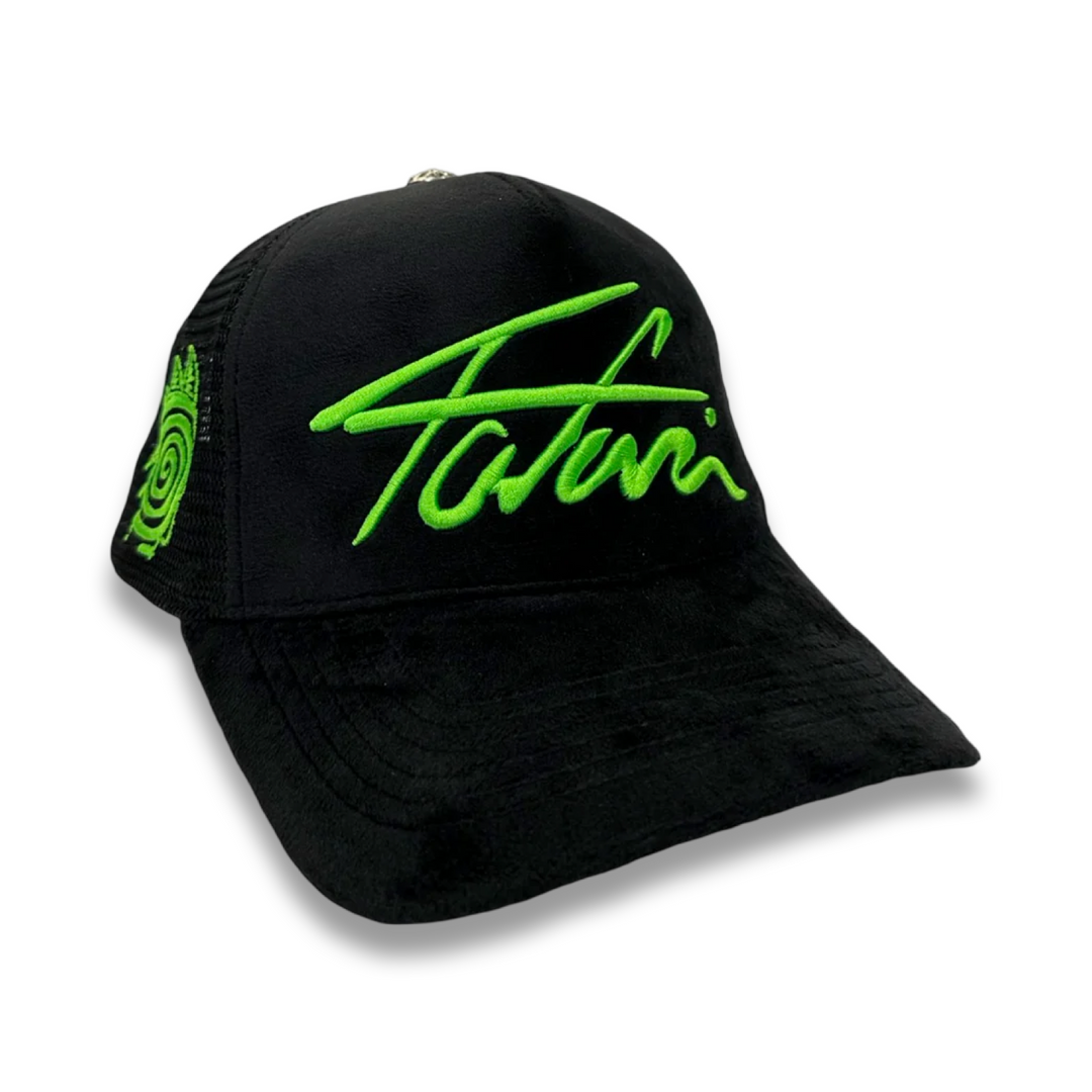 GREEN TAJI VELVET TRUCKER HAT