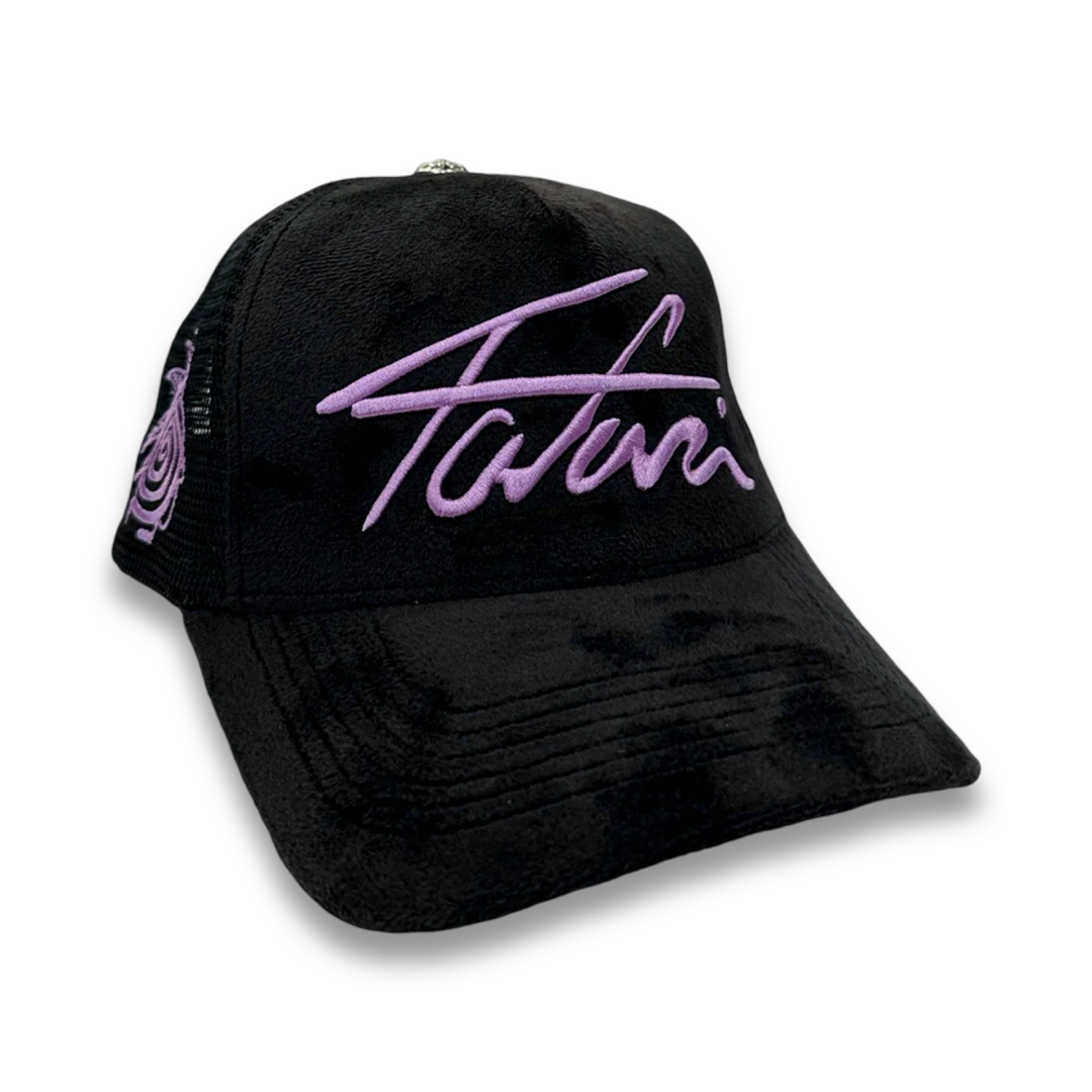 LAVENDER TAJI VELVET TRUCKER HAT