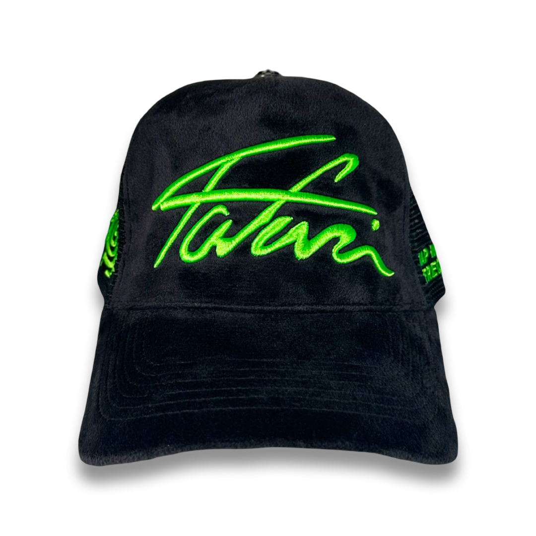 GREEN TAJI VELVET TRUCKER HAT