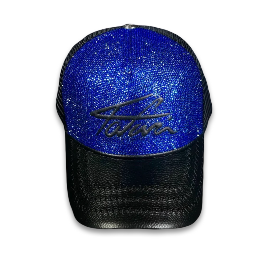 SWAROVSKI CRYSTAL TAJI LEATHER TRUCKER HAT BLUE